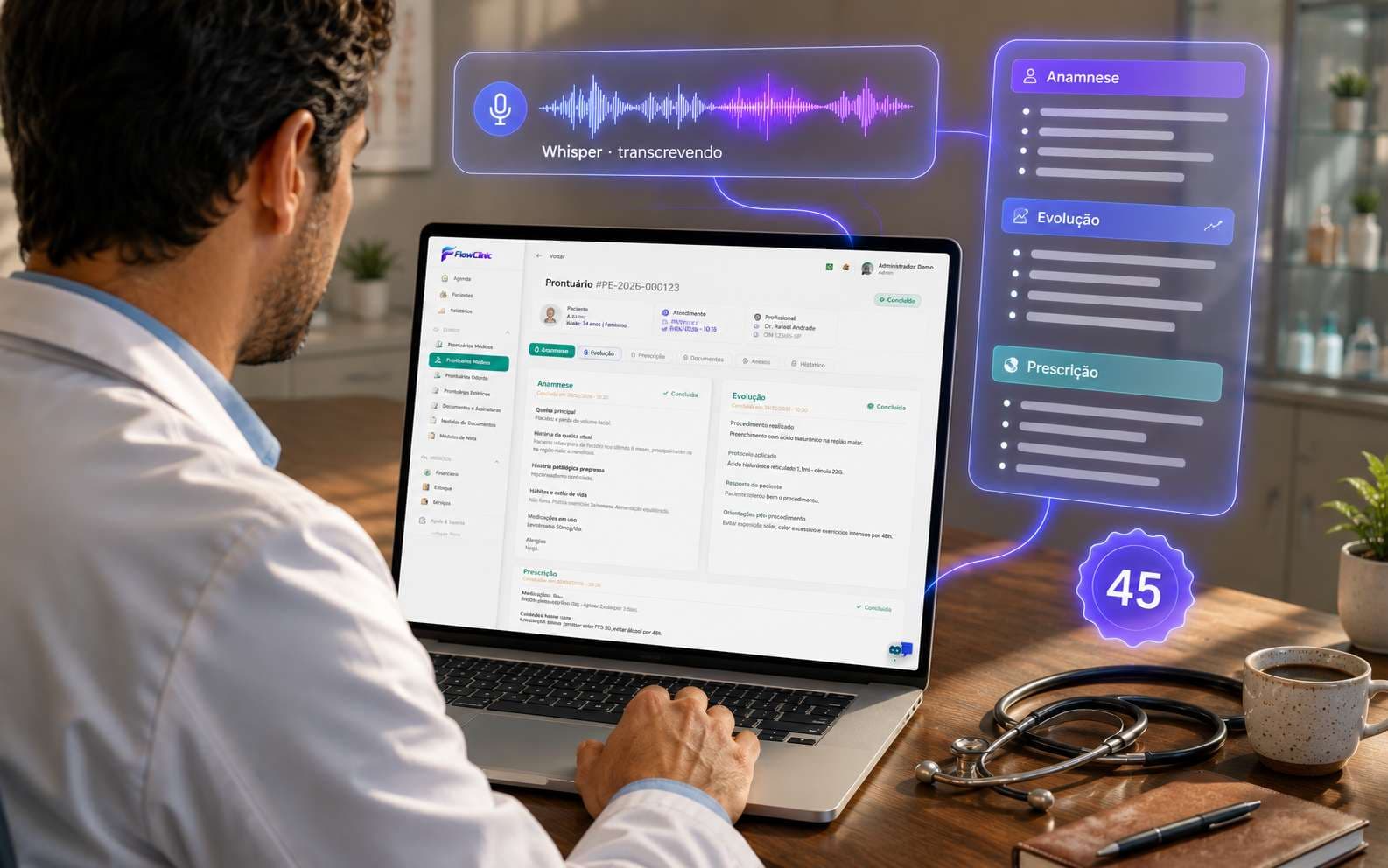Prontuário eletrônico do FlowClinic com transcrição por voz e estrutura clínica automatizada