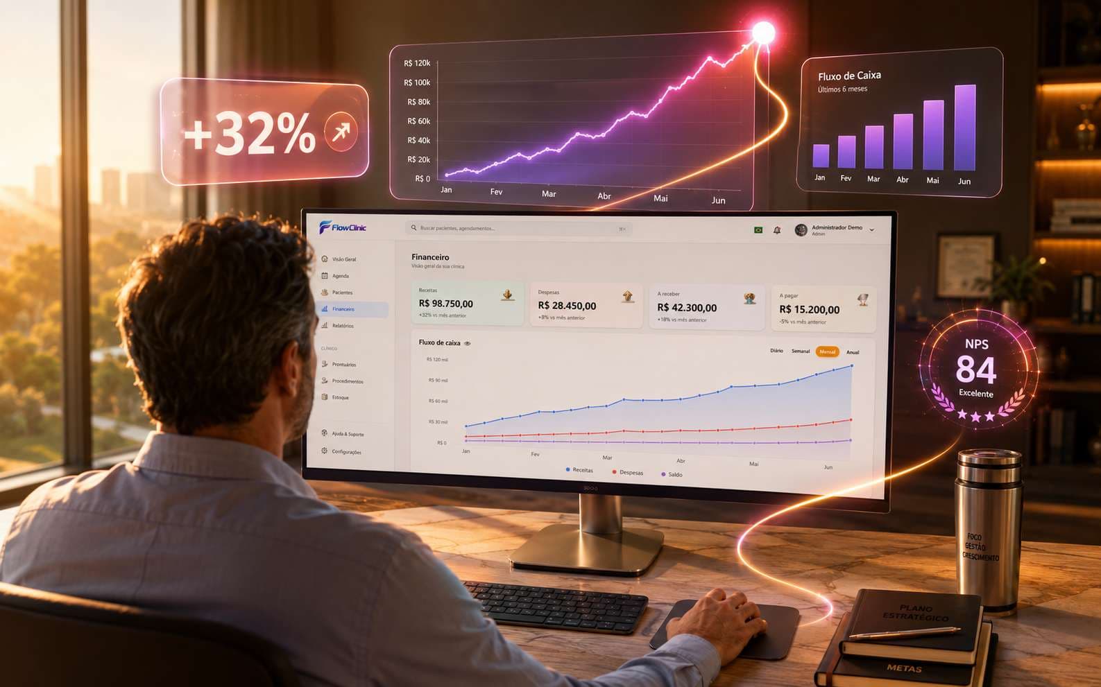 Painel financeiro do FlowClinic com curva de receita em ascensão e indicadores de NPS